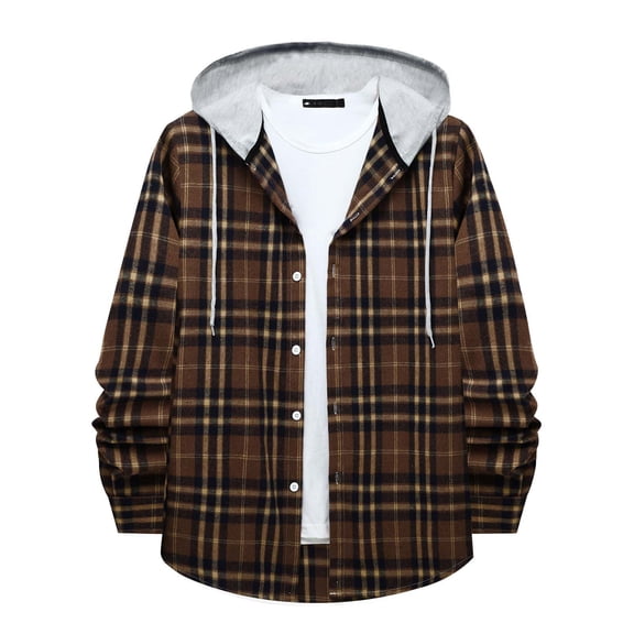 Tuphregyow Coat for Men Lounge Loose Button Down Plus Size Trendy Blazer Drawstring Hoodies Long Sleeve Plaid Puffer Shacket Jacket Trench Tartan Coats Coffee XL