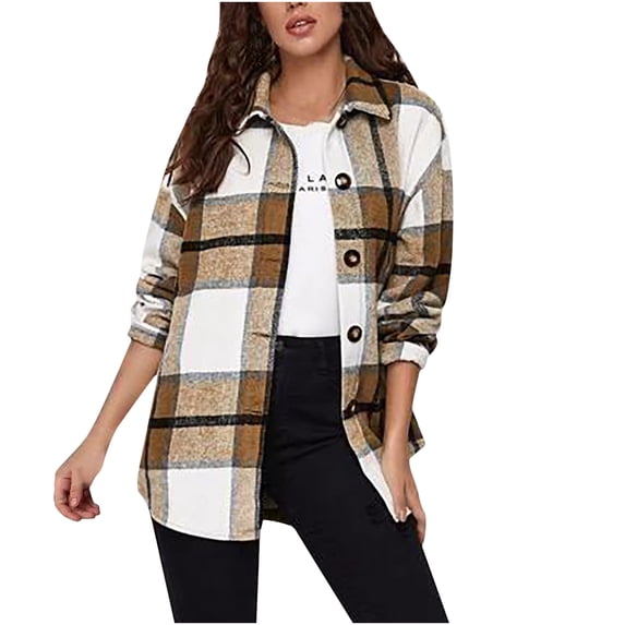 Tuphregyow Coat for Women Lapel Trendy Blazer Long Sleeve Plaid Puffer Shacket Jacket Trench Tartan Coats Lounge Boyfriend Open Front Button Down Loose Outerwear Khaki S