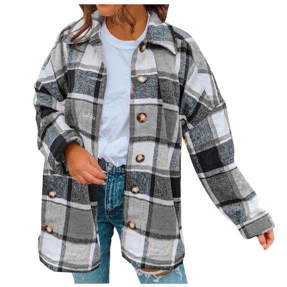 Tuphregyow Coat for Women Plaid Tartan Coats Lounge Boyfriend Button Down Winter OverOverwear Lapel Trendy Blazer Puffer Shacket Jacket Trench Long Sleeve Gray XL