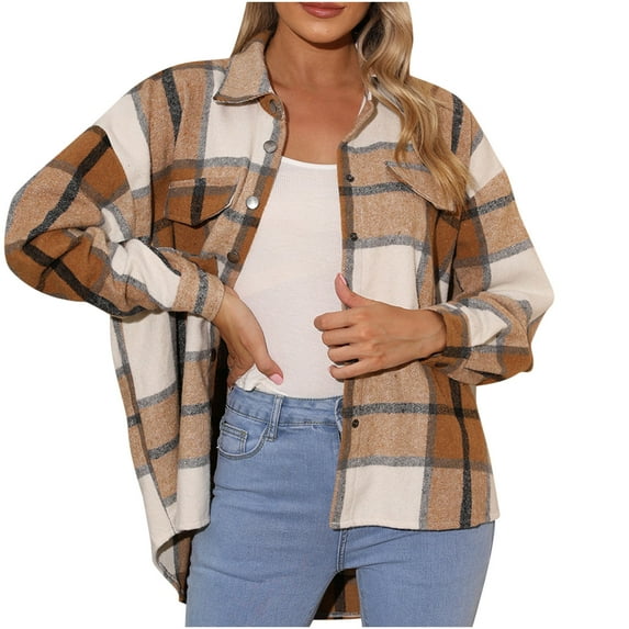 Tuphregyow Coat for Women Puffer Shacket Jacket Trench Trendy Blazer Lounge Boyfriend Button Down Bust Pocket Tops Cardigan Plaid Tartan Coats Lapel Long Sleeve Yellow M