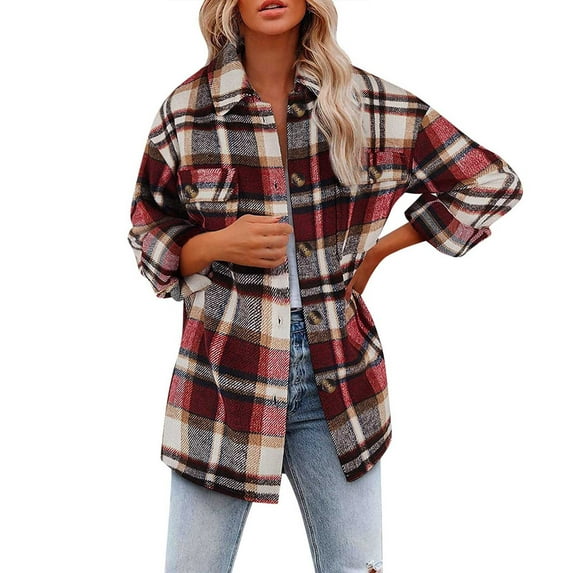 Tuphregyow Coat for Women Trendy Blazer Lapel Puffer Shacket Jacket Trench Long Sleeve Lounge Boyfriend Buttons Loose Winter Warm Overwear Plaid Tartan Coats Red M
