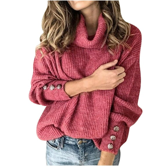 Tuphregyow Discount Womens Tops Comfy Casual Turtleneck Long Sleeve Solid Color Plus Size Tunic Top For Ladies Dressy Buttons Knitted Jumper Sweater Tummy Hiding Watermelon Red XXXL