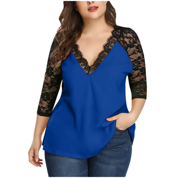 Tuphregyow Discount Womens Tops Deep V-Neck Color Block Oversized Lace Hollow Out Blouse T-Shirt Loose Tummy Hiding Long Sleeve Plus Size Tunic Top For Ladies Comfy Casual Blue XXL