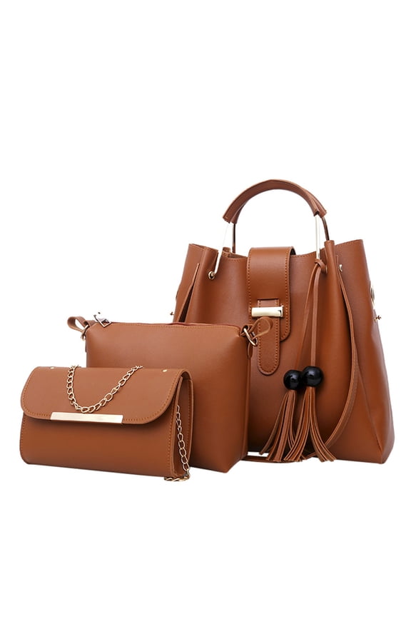 Fashionable 3-Piece Women's Handbag Set with Shoulder Bags, Fringe Detail, and Matching Wallets Brown