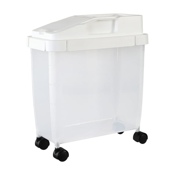 Tuphregyow Large 20 Pound Capacity Airtight Rice and Grain Storage Container with Wheels and Measuring Cup Multi Purpose Food and Pet Food Storage Bin for Household White