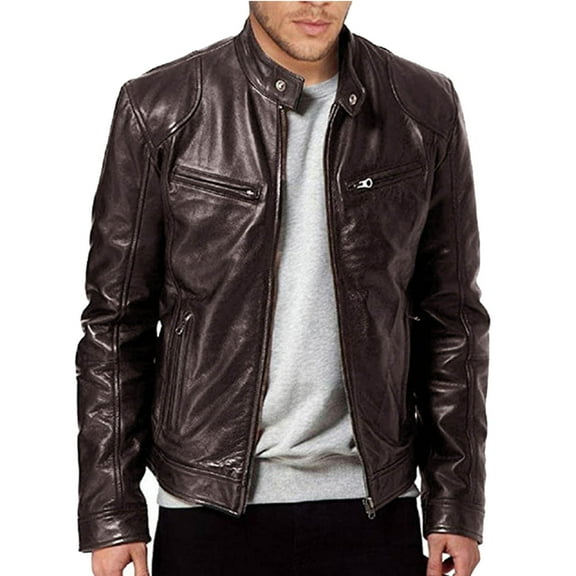 Tuphregyow Men Leather Jackets Zip-Up Slim Biker Casual Winter Coat Trendy Solid Faux Bomber Jacket Motorcycle Lapel Brown XL