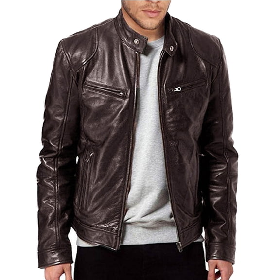 Tuphregyow Men Leather Jackets Zip-Up Slim Biker Casual Winter Coat Trendy Solid Faux Bomber Jacket Motorcycle Lapel Brown XXXL