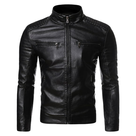 Tuphregyow Men Leather Jackets Zip-Up Slim Biker Coat Lightweight Winter Motorcycle Lapel Faux Bomber Jacket Solid Trendy Black L