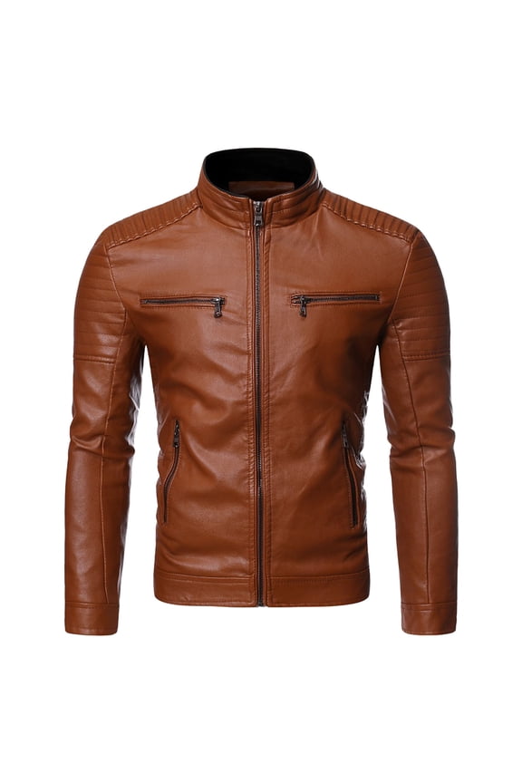 Men Leather Jackets Zip-Up Slim Biker Coat Lightweight Winter Motorcycle Lapel Faux Bomber Jacket Solid Trendy Brown XXL