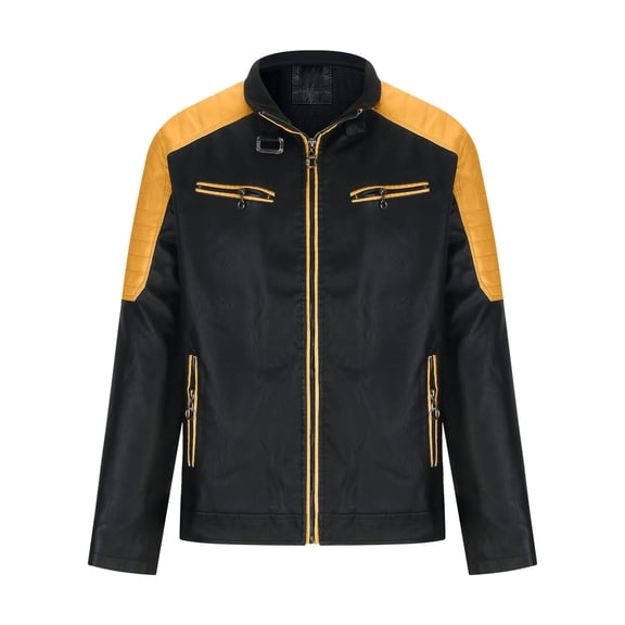 Tuphregyow Men Leather Jackets Zip-Up Slim Biker Coat Outdoor Warm Winter Motorcycle Lapel Faux Bomber Jacket Solid Trendy Yellow S