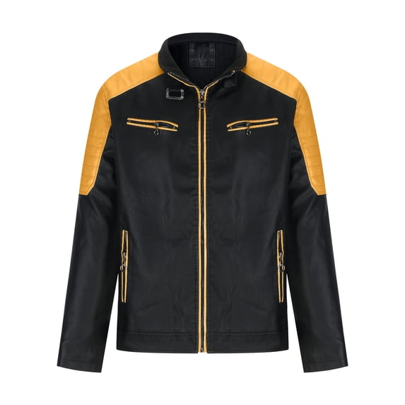 Tuphregyow Men Leather Jackets Zip-Up Slim Biker Coat Outdoor Warm Winter Motorcycle Lapel Faux Bomber Jacket Solid Trendy Yellow XL