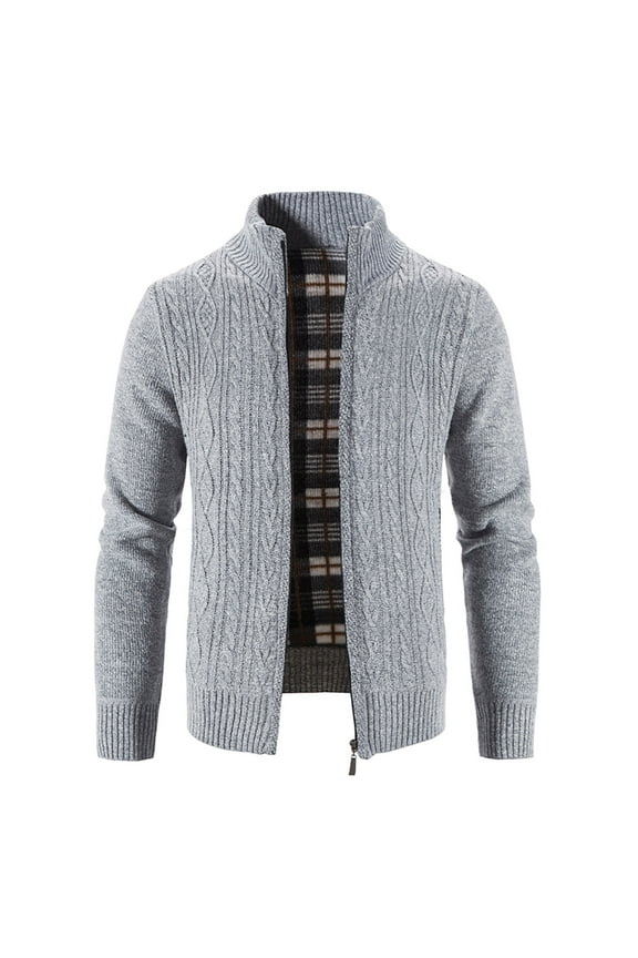 Men Shawl Collar Cardigans Casual Long Sleeve Zip Down Solid Trendy Open Front Sweaters Chunky Winter Outwear Slim Knit Sweater Pockets Silver M