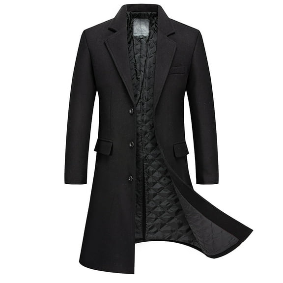 Tuphregyow Men Trench Coat Single Breasted Fashion Business Overcoat Trendy Winter Warm Coat Wool Slim Top Coat Lapel Solid Black XXXL
