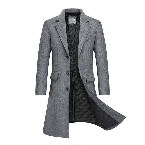 Tuphregyow Men Trench Coat Single Breasted Fashion Business Overcoat Trendy Winter Warm Coat Wool Slim Top Coat Lapel Solid Gray L