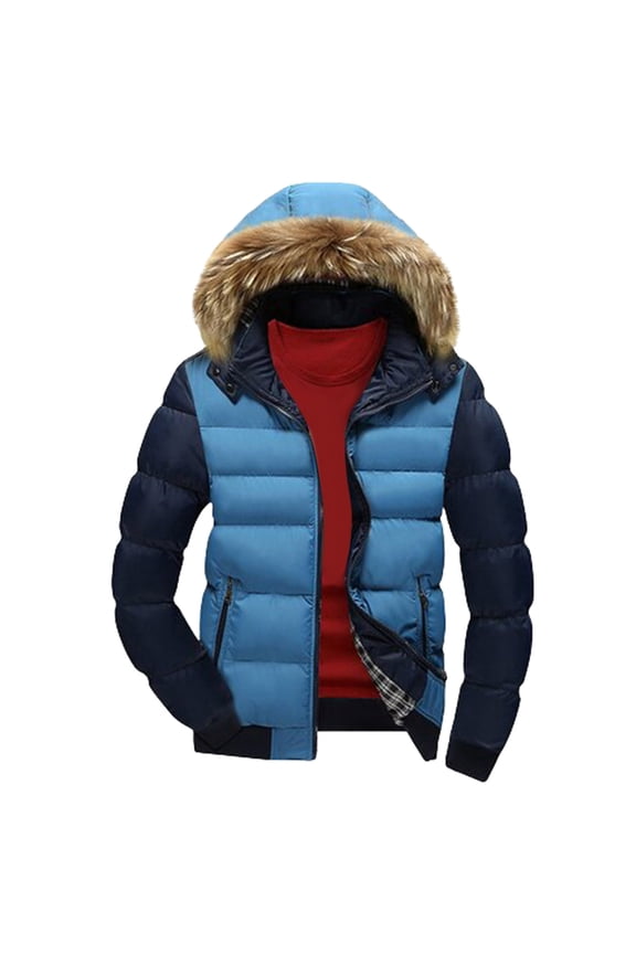 Men Warm Waterproof Puffer Jacket Trendy Solid Comfy Lightweight Packable Down Jacket Windproof Winter Coat Hooded Long Sleeve Zip Pockets Blue XL