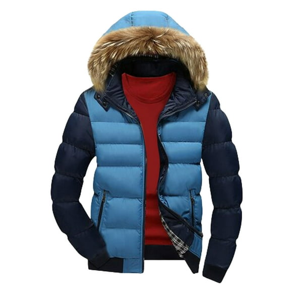 Tuphregyow Men Warm Waterproof Puffer Jacket Trendy Solid Comfy Lightweight Packable Down Jacket Windproof Winter Coat Hooded Long Sleeve Zip Pockets Blue M
