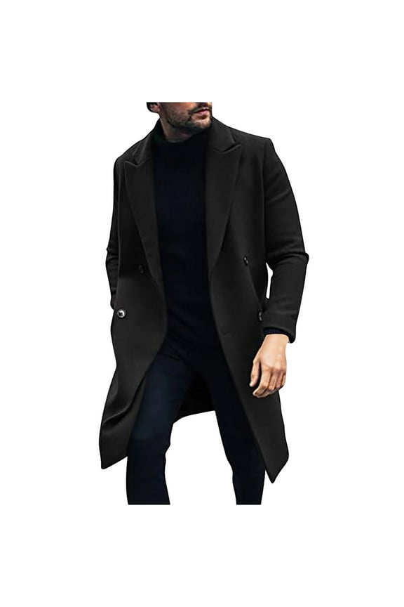 Men Wool Pea Coat Single Breasted Business Formal Overcoat Winter Warm Coat Wool Slim Top Coat Lapel Solid Trendy Black XXL