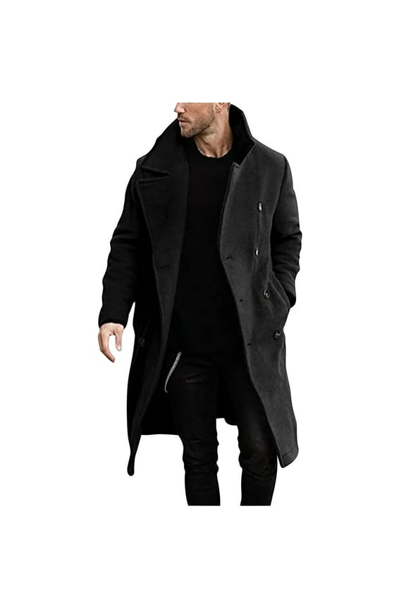 Men Wool Pea Coat Winter Warm Coat Solid Trendy Formal Double Breasted Business Overcoat Wool Slim Top Coat Lapel Black L