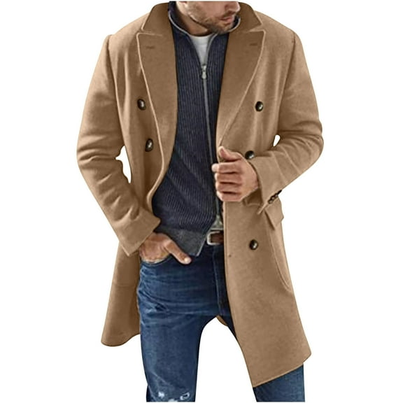 Tuphregyow Men Wool Pea Coat Winter Warm Coat Wool Slim Top Coat Lapel Solid Trendy Double Breasted Business Comfy Overcoat Brown S