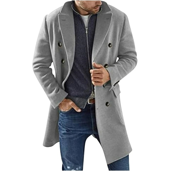 Tuphregyow Men Wool Pea Coat Winter Warm Coat Wool Slim Top Coat Lapel Solid Trendy Double Breasted Business Comfy Overcoat Gray M