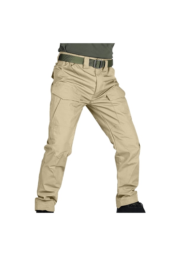 Men's Cargo Pants Multiple Pockets, Combat Trousers for Work, Classic Stretch Regular Fit, Comfortable Loose Pleated Casual Wear Khaki L