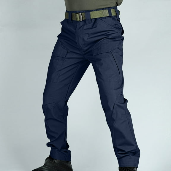 Tuphregyow Men's Cargo Pants Multiple Pockets, Combat Trousers for Work, Classic Stretch Regular Fit, Comfortable Loose Pleated Casual Wear Navy M
