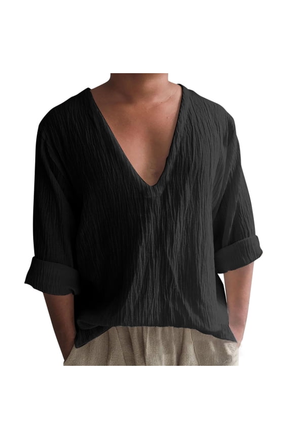 Men's Casual Cotton Yoga Tops Deep V Neck Loose Pleated Tunics Leisure Long Sleeve Baggy Shirts Athletic Workout Outdoor Blouse New Style Solid Breathable Trendy Black M
