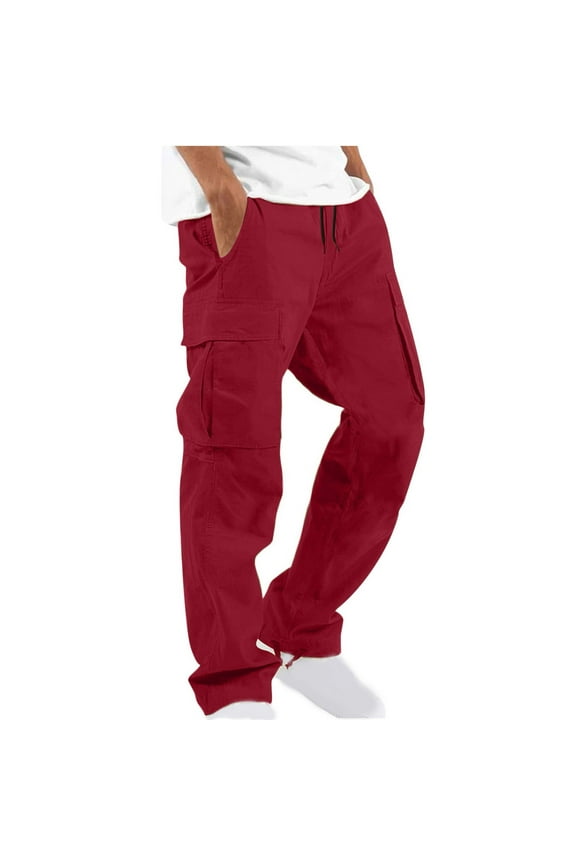 Men's Cotton Drawstring Wide Leg Baggy Pants Solid Lightweight Multi-Pocket Pants Outdoor Cargo Jogger Pants Work Hiking Loose Straight Trousers Wine XXXL