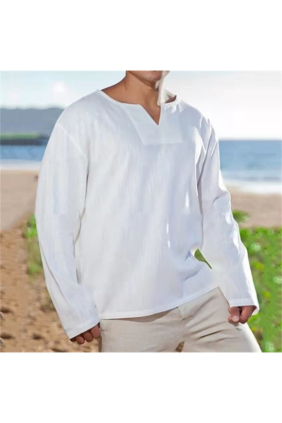 Men's Cotton V Neck Casual Tops Quick Dry Regular Fit Basic Designed Shirts Work Office Hiking Blouse Solid Trendy Leisure Long Sleeve Loose Tunics New Style White XXL