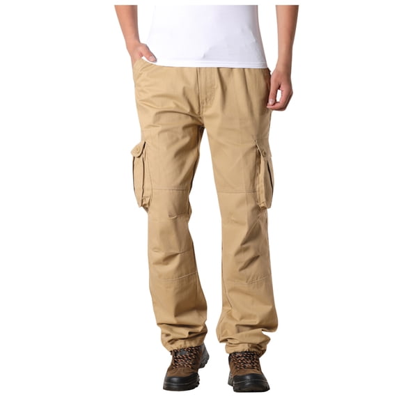 Tuphregyow Men's Full Elastic Waist Cotton Cargo Pants Solid Relaxed Lightweight Pull On Work Pants Straight Outdoor Assault Pants Fashion Casual Slim Multi Pocket Khaki XS