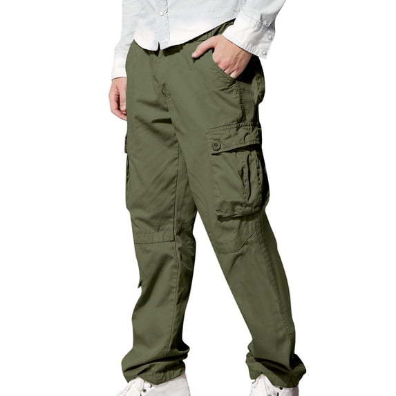 Tuphregyow Men's Leisure Button Cargo Pants Clearance Breathable High Waist Pleated Loose Trousers Straight Leg Hiking Cotton Pants Athletic Workout Outdoor New Style Trendy Solid Army Green M