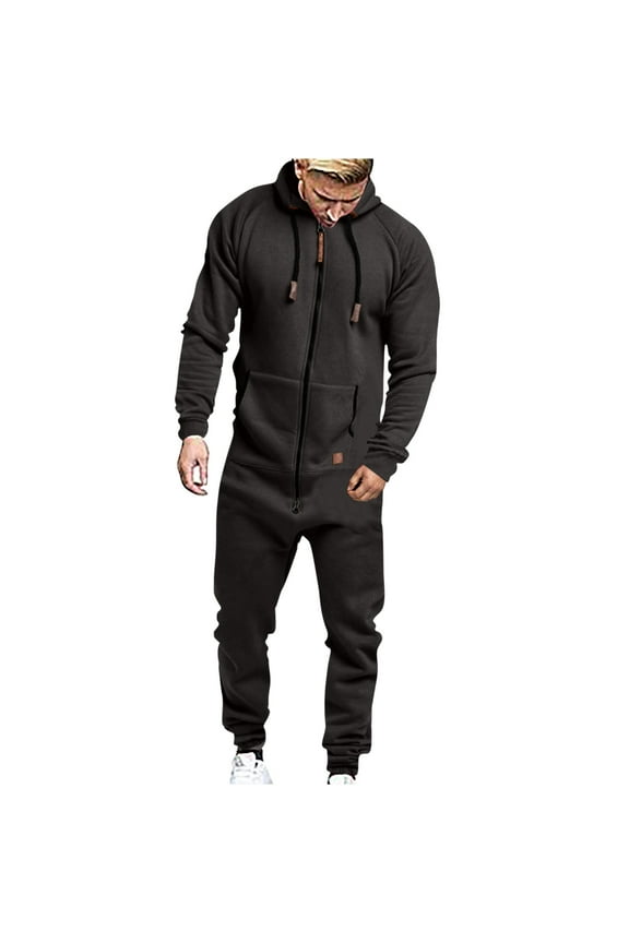 Men's Solid Color Hooded Overalls Zip Drawstring Pocket Hoodie Jumpsuit with Long Sleeves Classic Stretch , Comfortable Slim Trousers Perfect for Casual Pleated Daily Wear Dark Gray XXL