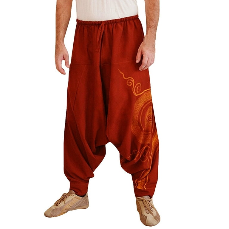 Tuphregyow Men's Thai Fisherman Pants Shiny Elastic Comfy Pants Perfect for  Yoga, Martial Arts, Pirate, Medieval, Japanese Pantalones Sweatpants Loose  Lightweight with Pockets Print Red XXL 