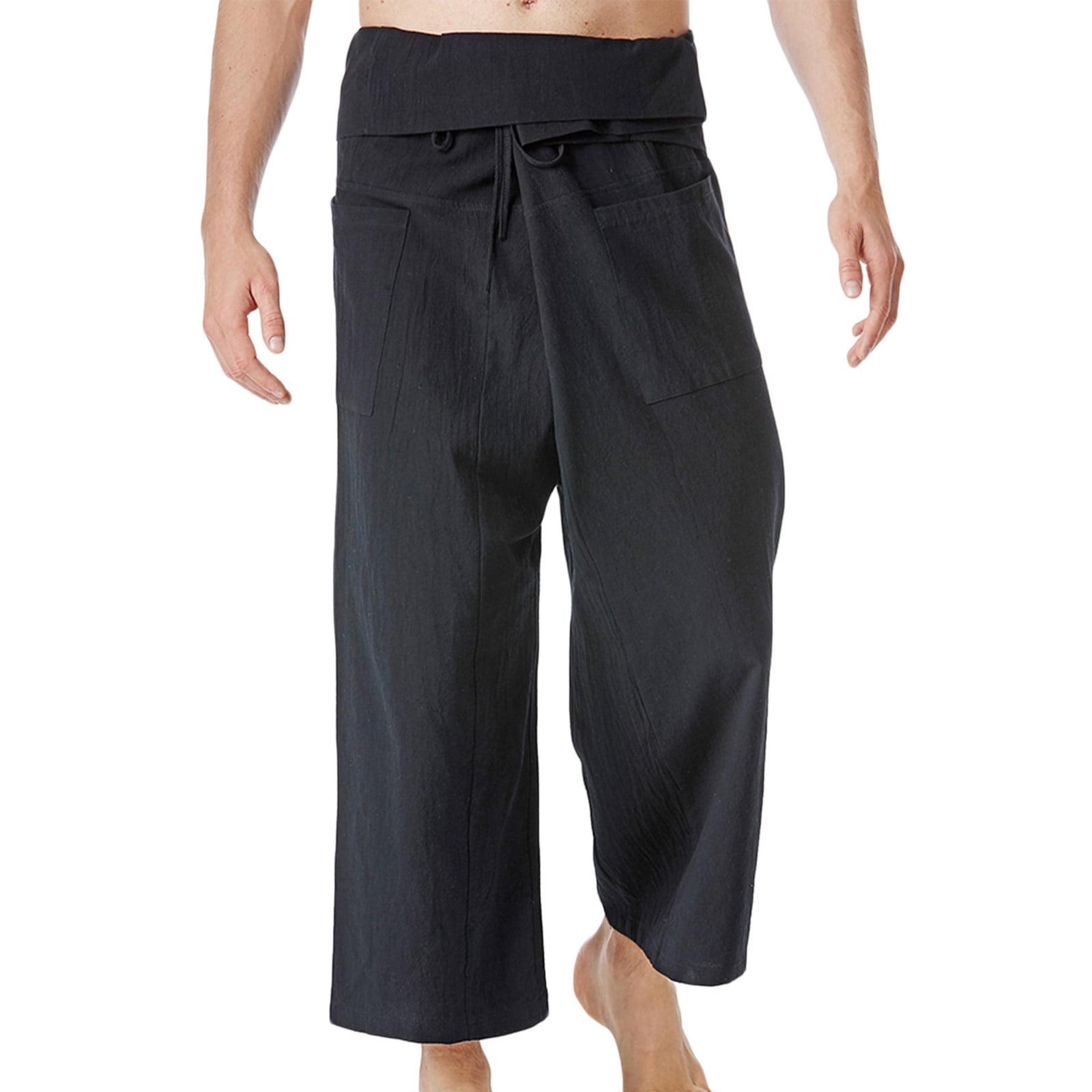 Tuphregyow Men's Thai Fisherman Pants Solid Perfect for Yoga, Martial Arts,  Pirate, Medieval, Japanese Pantalones Cotton Widde Leg Loose Pants  Drawstring Pants with Pockets Coffee Free Size 