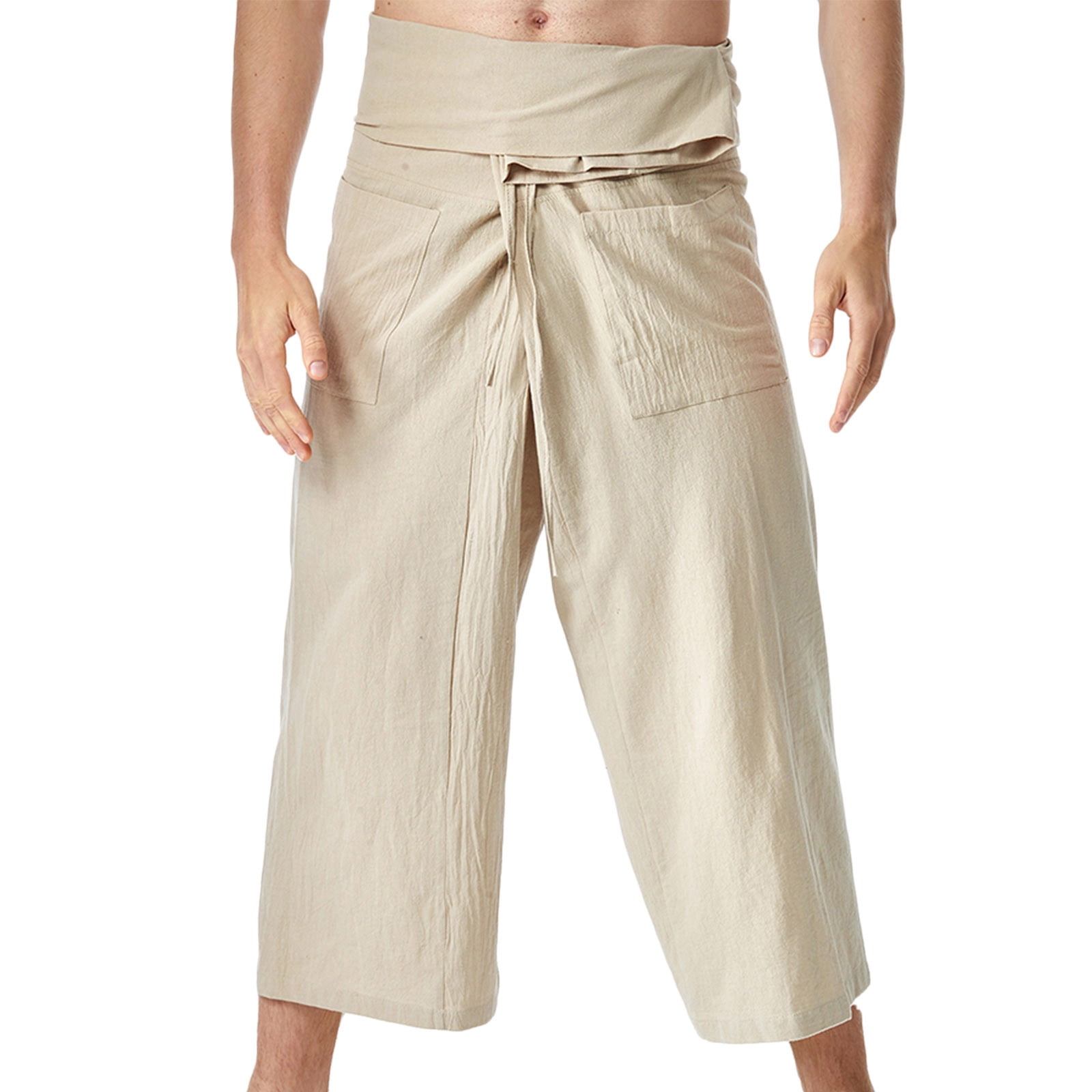 Tuphregyow Men's Thai Fisherman Pants Solid Perfect for Yoga, Martial Arts,  Pirate, Medieval, Japanese Pantalones Cotton Widde Leg Loose Pants  Drawstring Pants with Pockets Coffee Free Size 