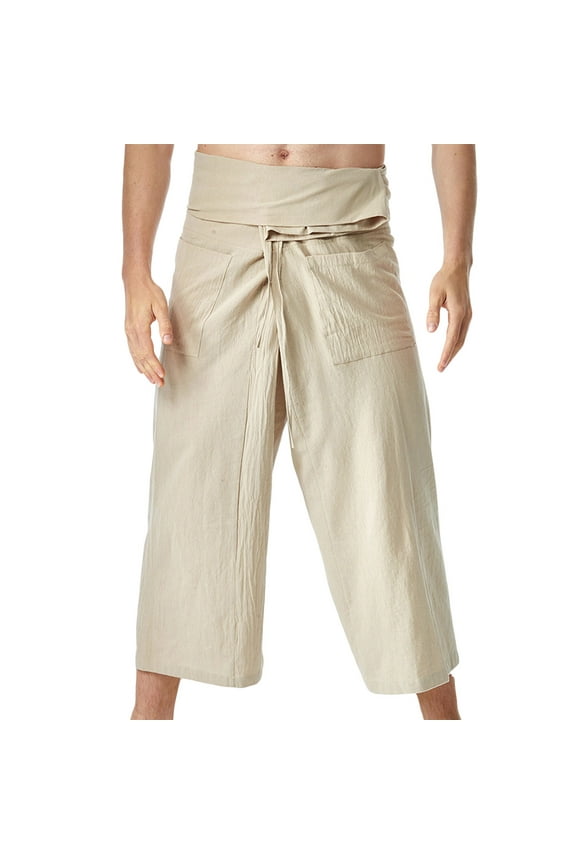 Men's Thai Fisherman Pants Solid Perfect for Yoga, Martial Arts, Pirate, Medieval, Japanese Pantalones Cotton Widde Leg Loose Pants Drawstring Pants with Pockets Khaki Free Size