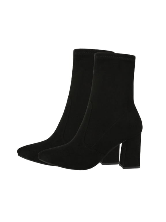 New Women's Black Fashion Pointed Toe Short Boots with Elastic Slim and High Thick Heel for Fall and Winter Black 39
