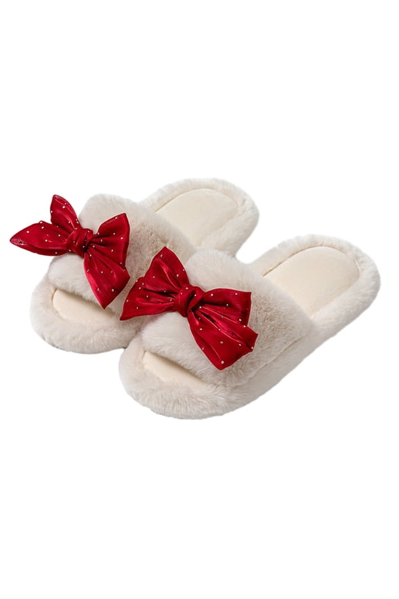 New Women's Winter Cotton Slippers with Thick Bottom, Cute Bow Tie Design, Comfortable and Warm, Ideal for Indoor and Outdoor Comfort White 36-37