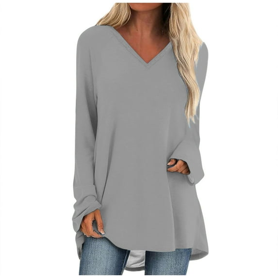 Tuphregyow Plus Size Women's V-Neck Tunic Top - Solid Color Pleated Long Sleeve Casual Shirt Gray XL