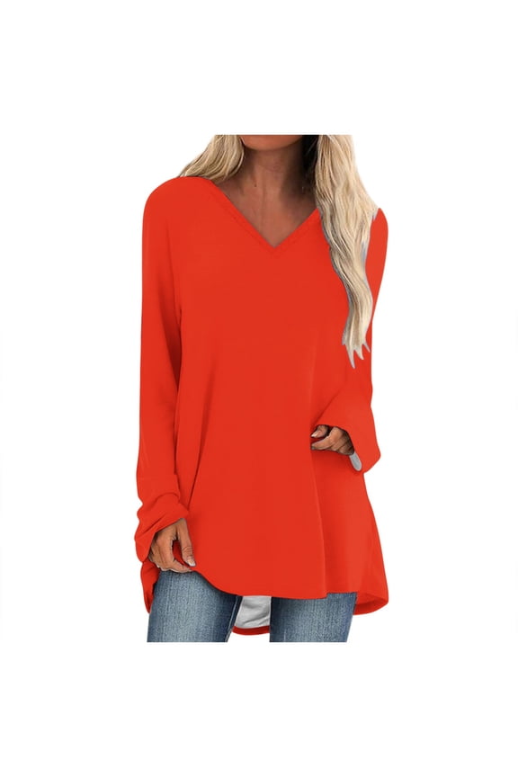 Plus Size Women's V-Neck Tunic Top - Solid Color Pleated Long Sleeve Casual Shirt Orange XXXL