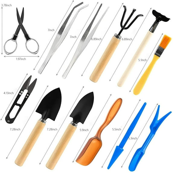Tuphregyow Portable Garden Hand Tools Set with Stainless Steel and Wood, Miniature Tool Kit for Bonsai, Succulents, Herbs, Terrariums, and Planting - Includes Rake, Trowel, and Shovel multicolour