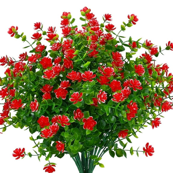 Tuphregyow Red Plastic Eucalyptus Flowers for Garden and Outdoor Decoration - Set of 5 Lifelike Plants Red