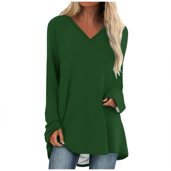 Tuphregyow Stylish Women's Plus Size Solid Color V-Neck Tunic Top - Long Sleeve Casual Blouse Green S