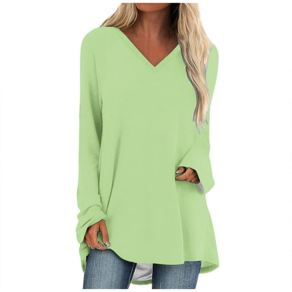 Tuphregyow Stylish Women's Plus Size Solid Color V-Neck Tunic Top - Long Sleeve Casual Blouse Mint Green XL