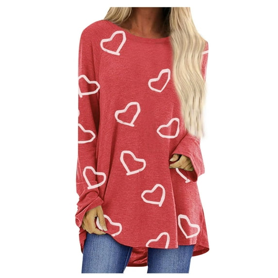 Tuphregyow Tops for Women Ladies Dressy Loose Tummy Hiding Long Sleeve Plus Size Tunic Top For Ladies Comfy Casual Pullover Blouse Round Neck Heart Graphic Long Swing T-Shirt Red M