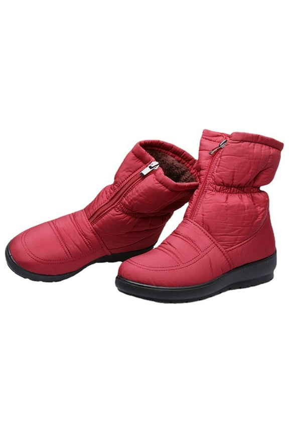 Winter Snow Boots for Women, Fashionable Padded Warm Cotton Shoes with Soft Sole, Round Toe Mid Calf Waterproof Boots Red 38