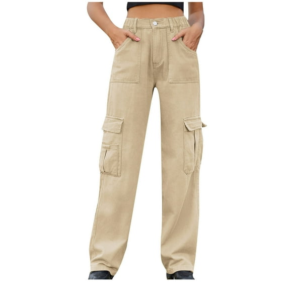 Tuphregyow Women Cargo Denim Pants Baggy Stretchy Wide Leg Trendy Solid Color Streetwear Jeans with 6 Pockets High Waisted Casual Pants Khaki L