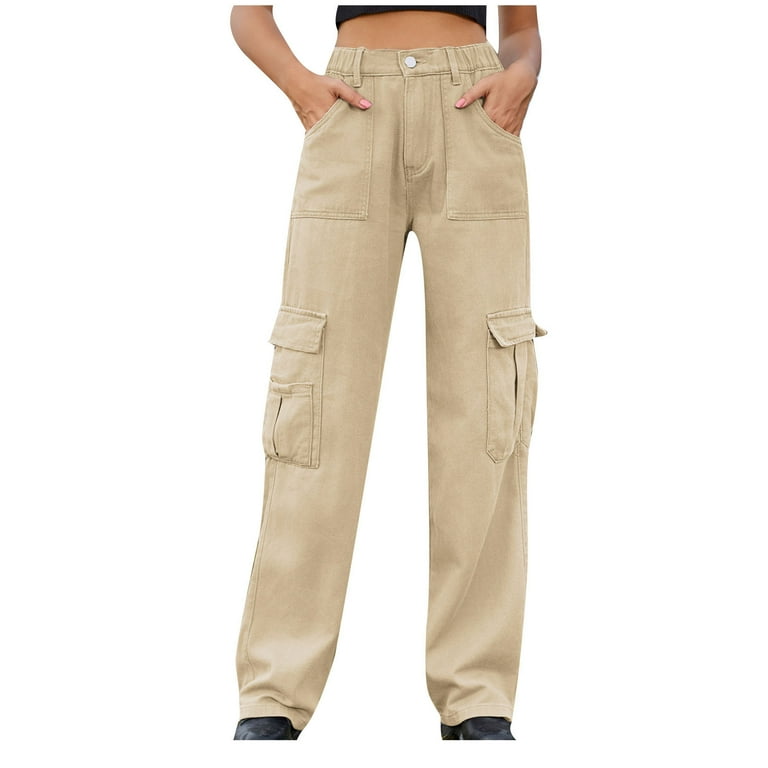 Tuphregyow Women Cargo Denim Pants Baggy Stretchy Wide Leg Trendy
