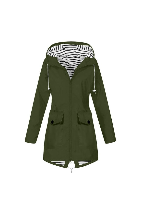 Women Casual Military Anorak Jacket Waterproof Jacket Windproof Warm Drawstring Long Sleeve Pockets Lightweight Detachable Hooded Utility Trendy Solid Army Green M
