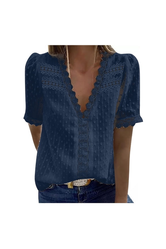 Women Classy Tunics Deep V-Neck Lace Neckline Hollow Outs Leeve Short Sleeve Solid 2024 Summer Leisure Shirts Lace Crochet Flowy Swiss Dot